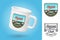 White camping cup. Realistic mug mockup template with sample design. Soccer, sport club patch design. Vector