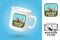 White camping cup. Realistic mug mockup template with sample design. Soccer sport club patch design. Vector illustration