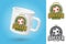 White camping cup. Realistic mug mockup template with sample design. Soccer sport club patch design. Vector illustration