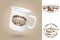 White camping cup. Realistic mug mockup template with sample design. Vector 3d illustration. Mountaineering adventures