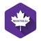 White Canadian maple leaf with city name Montreal icon isolated with long shadow. Purple hexagon button