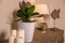A white candles, lamp and a small potted plant are placed on the table in the bedroom.Candles, decor and green plant in