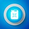 White Canister for gasoline icon isolated on blue background. Diesel gas icon. Circle blue button with white line