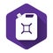 White Canister for gasoline icon isolated with long shadow. Diesel gas icon. Purple hexagon button
