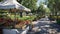 a white canopy tent, with crates of fresh strawberries, surrounded by other booths showcasing a variety of products and