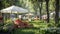 a white canopy tent, with crates of fresh strawberries, surrounded by other booths showcasing a variety of products and