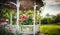 White canvas gazebo with garden flowers in a summer green lawn