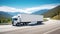 White Canvas on Wheels: A Blank Trailer Adorned by a Cargo Truck Cruising Along a Picturesque American Highway