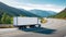 White Canvas on Wheels: A Blank Trailer Adorned by a Cargo Truck Cruising Along a Picturesque American Highway