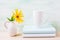 White cappuccino mug mockup with yellow rosinweed flowers in pit