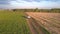 White car drives along country road casting shadow on field