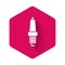 White Car spark plug icon isolated with long shadow background. Car electric candle. Pink hexagon button. Vector