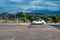 A white car stands on the Antalya-Alanya highway Turkey against the backdrop of a mountain landscape. Concept of the transport