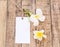 White Card and Plumeria flower on wooden