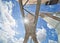 White cargo crane in the harbour, photographed from below in the