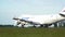 White cargo plane take off on the runway. Kyiv, Ukraine 20.09.2021
