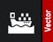 White Cargo ship with boxes delivery service icon isolated on black background. Delivery, transportation. Freighter with