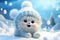 White cartoon bear with cuddly demeanor wears cozy scarf and mittens, exuding warmth. Playful and adorable, bear