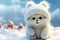 White cartoon bear with cuddly demeanor wears cozy scarf and mittens, exuding warmth. Playful and adorable, bear