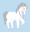 White cartoon horse with purple reins on blue background. Simplistic style equine character design. Cute horse