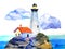 White cartoon lighthouse and small house on stone coast with ocean and clouds on the background