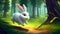 White cartoon rabbit runs in the forest. Ai generative