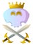 White cartoon skull with crown and swords vector illustartion