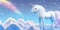 White cartoon unicorn Pegasus pony horse in heaven.Kawaii fairy tale sweet dreamy pastel rainbow fluffy clouds with stars