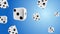 White Casino Chips are Streaming on Blue background. Falling Dice Seamless loop 3D Alpha Green Screen.