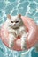 White cat with amber eyes on a pink float in blue water.