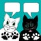 White cat and black tomcat in dialogue, black and white foot prints, speech bubbles with empty area, comic animal