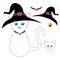 White Cat with Blue Eyes. Witch Hat, Purple Collar and Golden Ball Bell. Halloween Day. Vector Illustration .