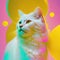 White cat colorful portrait, pink and gold yellow tones. Generative AI