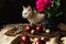 White cat, easter red eggs, quail eggs, flowers on a brown wooden board 1