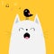 White cat face silhouette Bird on head. Meowing singing song. Music note flying. Cute cartoon funny character. Kawaii animal. Baby