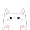 White cat head face silhouette. Black contour. Paw print hand. Pink blush cheeks. Funny Kawaii sad animal. Baby card. Cute cartoon