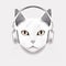 a white cat with headphones on its ears is looking at the camera with a sad look on its face, with a white background