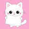 White cat holding placard blank sign paper with paws. Web banner template. Kitten with big eyes. Cute cartoon funny baby character