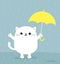 White cat holding yellow umbrella. Rain drops. Hello autumn. Cute kawaii funny cartoon baby character. Pet animal collection. Blue