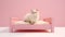 White Cat In Pink Bed: Concept Illustration In The Style Of Patrick Demarchelier