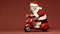 a white cat riding on top of a red motorcycle with a santa suit on it