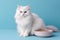 white cat sits and next to a bowl of food on a blue background, free space on the side