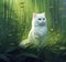 A white cat sitting in a green forest is a little hunter, a summer day generated by AI, a generative assistant