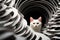 A white cat sitting in a tunnel made out of paper, AI
