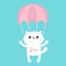 White cat skydriver. Flying with parachute. Cute cartoon kawaii funny character. Love Parachuting skydiving sport. Pet baby print