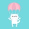 White cat skydriver. Flying with parachute. Cute cartoon kawaii funny character. Parachuting skydiving sport. Pet baby print