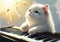 A white cat standing behind a piano and watching buttterflies playing in the sunlight on a sunny day. Created with Generative AI