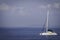 White catamaran yacht sailing calm blue seas
