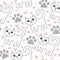 White cats seamless pattern with pink hearts and paws.