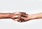 White Caucasian female hand and black African American holding fingers world diversity love